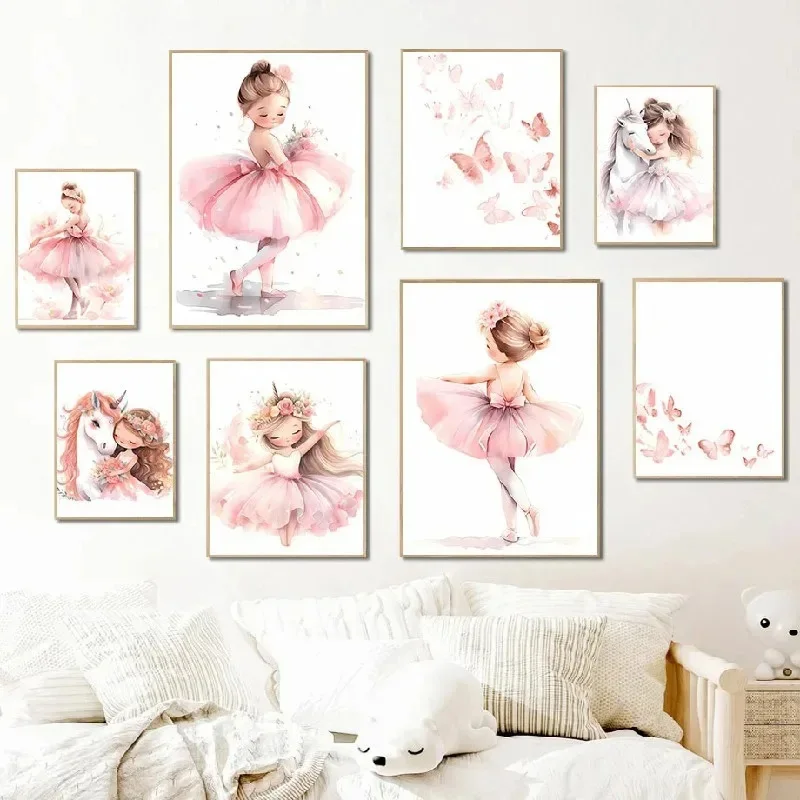 Baby Nursery Decor Girl - Pembe Balerin Kız Unicorn Kelebek Posteri