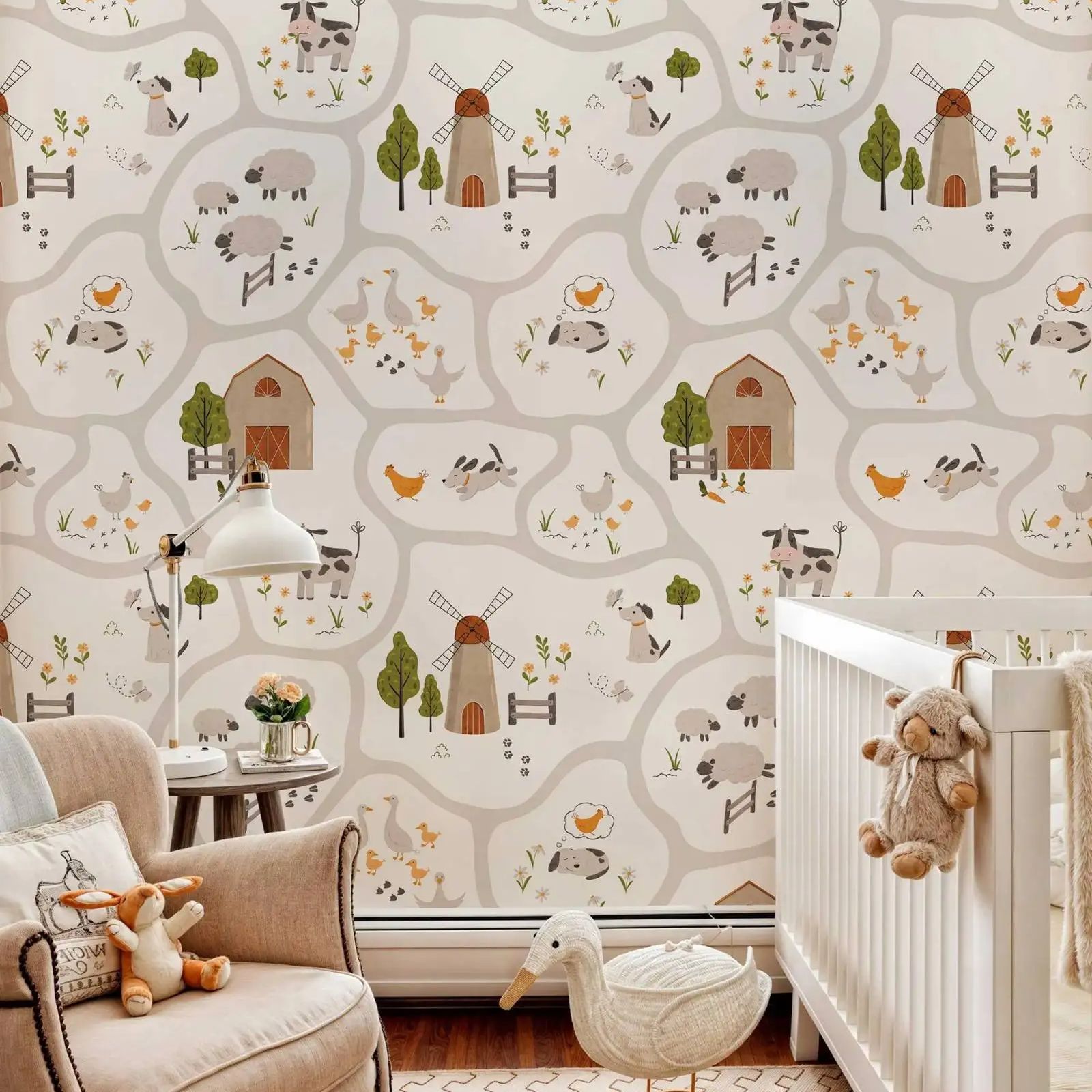 Baby Nursery Peel And Stick Wallpaper - Sevimli Çiftlik Hayvanları Çocuk Duvar Kağıdı