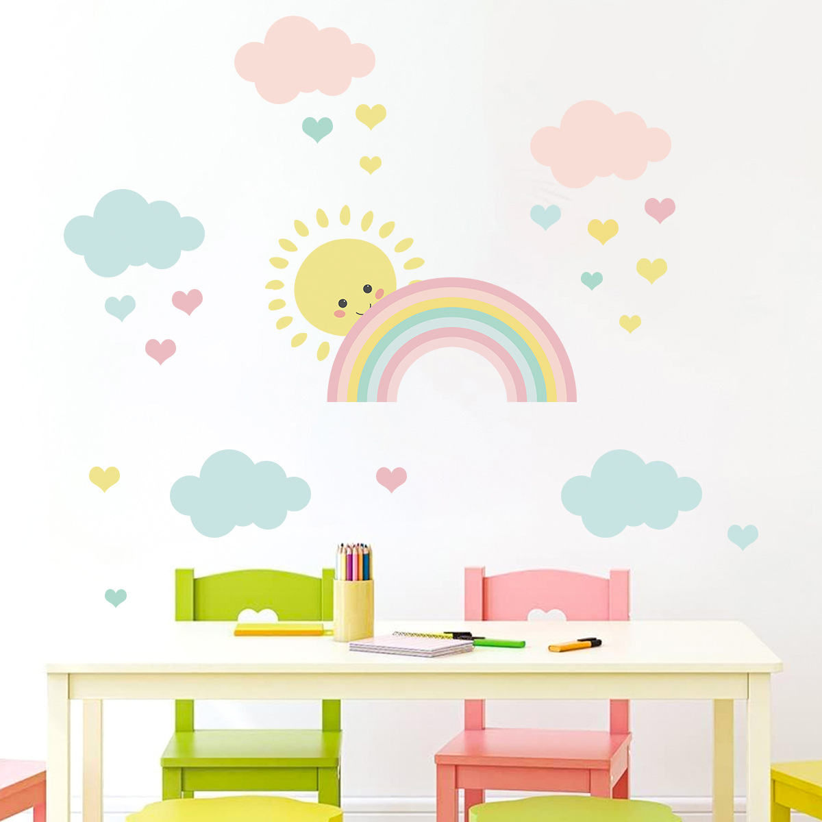 Baby Nursery Decor Girl - Karikatür Güneş Gökkuşağı Bulutlar Duvar Çıkartmaları
