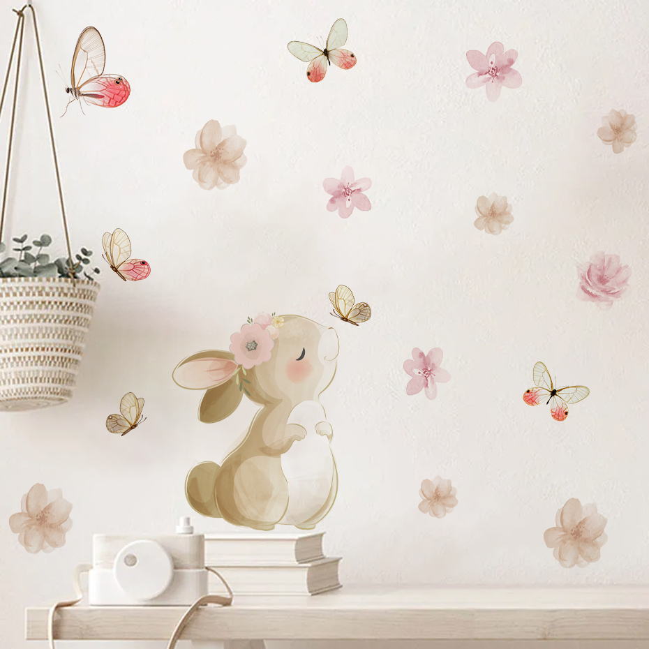 Baby Nursery Decor Girl - Karikatür Tavşan Çiçekler Kelebek Duvar Sticker