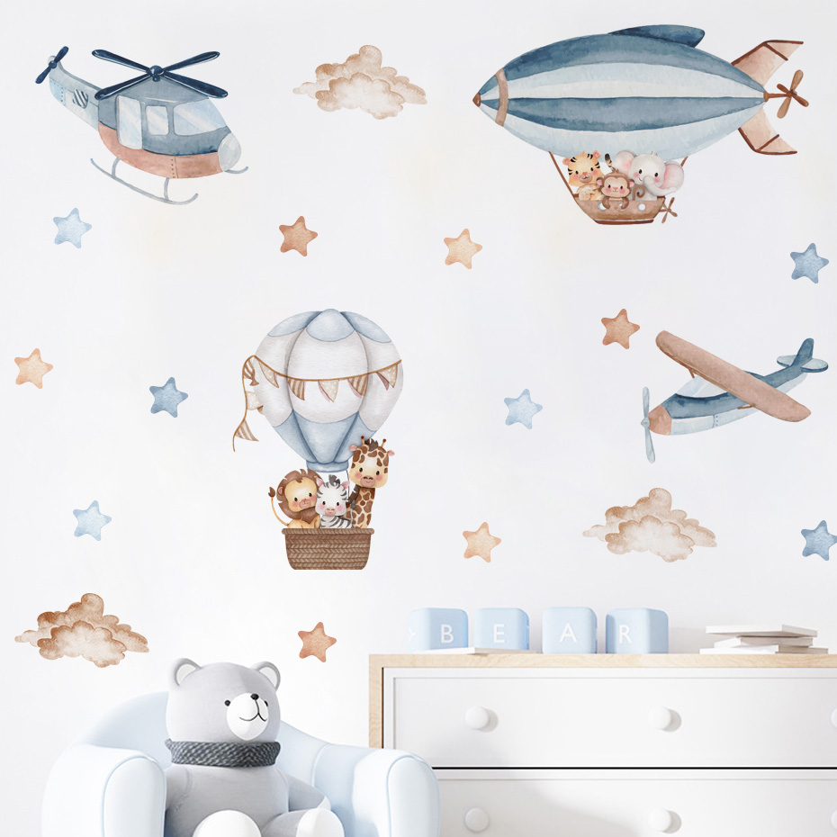 Baby Nursery Boy - Suluboya Hayvanlar Sıcak Hava Balonu Bulutlar